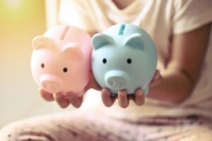 Child,Woman,Hand,Hold,Blue,And,Pink,Piggy,Bank,For