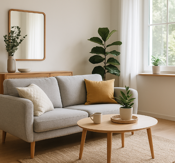 Intérieur de maison moderne et lumineux illustrant un environnement sain après un nettoyage à la vapeur sèche avec XrVAP.