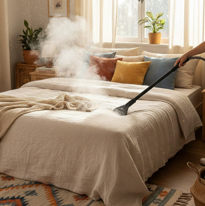 Femme utilisant un nettoyeur vapeur sèche avec un manche noir pour désinfecter un matelas et éliminer les acariens dans une chambre lumineuse et chaleureuse.