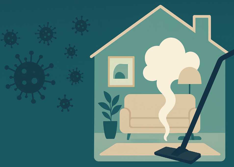 Illustration vectorielle d’un foyer propre et sain désinfecté à la vapeur sèche, symbolisant la norme NF T72-110 et la technologie XrVAP.