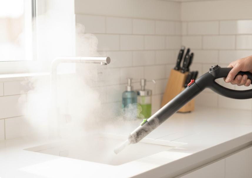 Jet de vapeur sèche nettoyant un plan de travail de cuisine pour une désinfection naturelle sans produits chimiques.