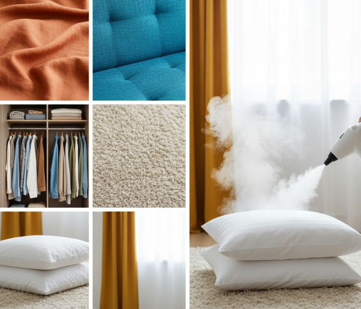 Collage montrant les nids à allergènes domestiques (rideaux, tapis, canapé, penderie) et le nettoyage à la vapeur sèche d'un textile pour éliminer les acariens.