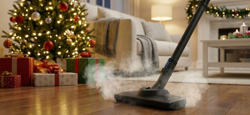 Buse de précision noire XrVAP diffusant de la vapeur sèche dans un salon décoré pour Noël, illustrant un nettoyage sain avant les fêtes.