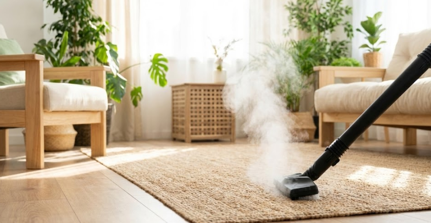 Intérieur de maison moderne et lumineux avec des plantes, illustrant un nettoyage écologique à la vapeur sèche XrVAP sans produits chimiques.