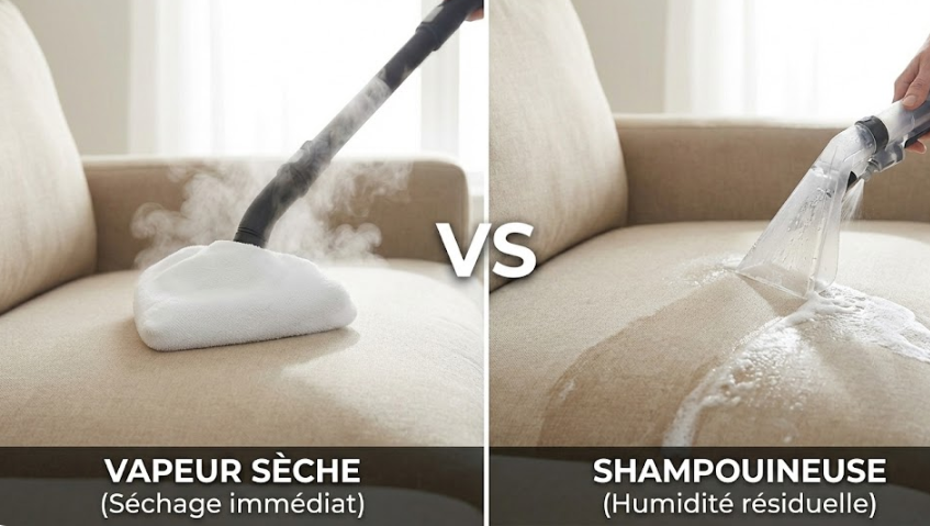 Comparatif nettoyage canapé : Shampouineuse (humide) vs Vapeur sèche XrVAP (séchage immédiat)